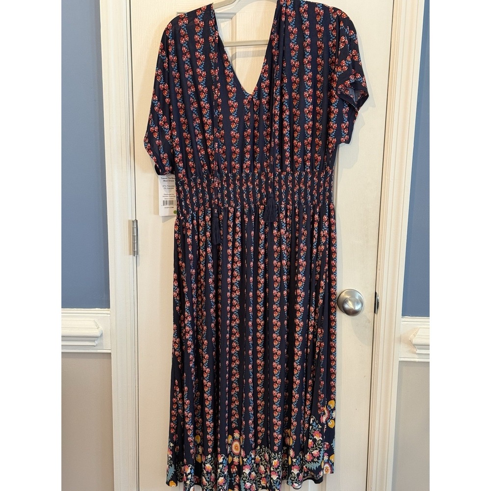 NWT Lildy‎ Navy Boho  Floral Tassel Tie Back Maxi Dress Smocked Waist Size 2x/3x